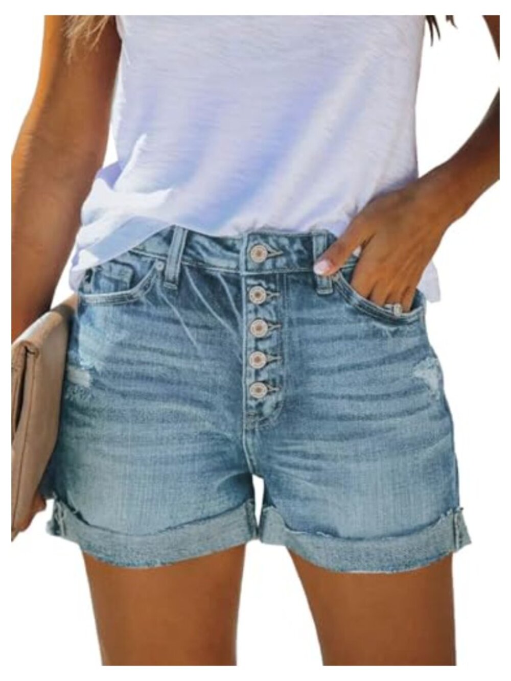 Women's High Waisted Ripped Folded Hem Jean Shorts Casual Stretch Denim